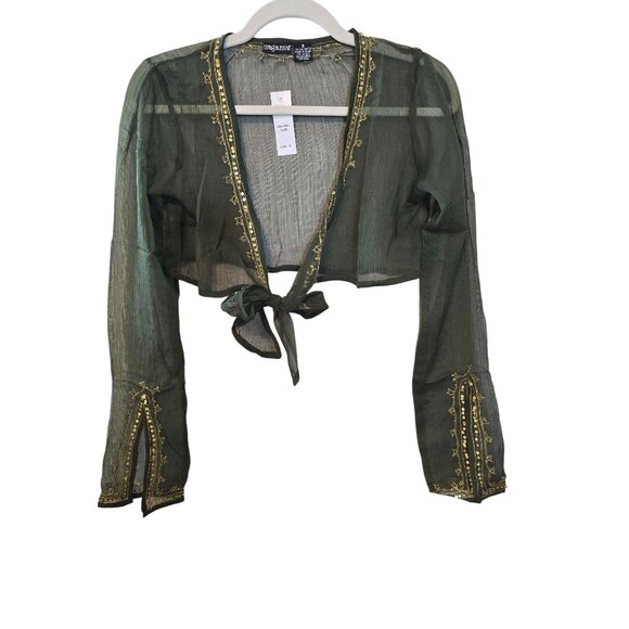 Olive Green Silk Chiffon top, cropped tie front by Magazine Size M New - Picture 1 of 11
